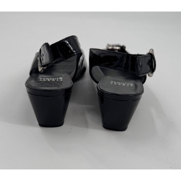 Stuart Weitzman Patent Leather Peep-Toe Slingback Heels Silver Buckle Narrow 8SS - Picture 10 of 10